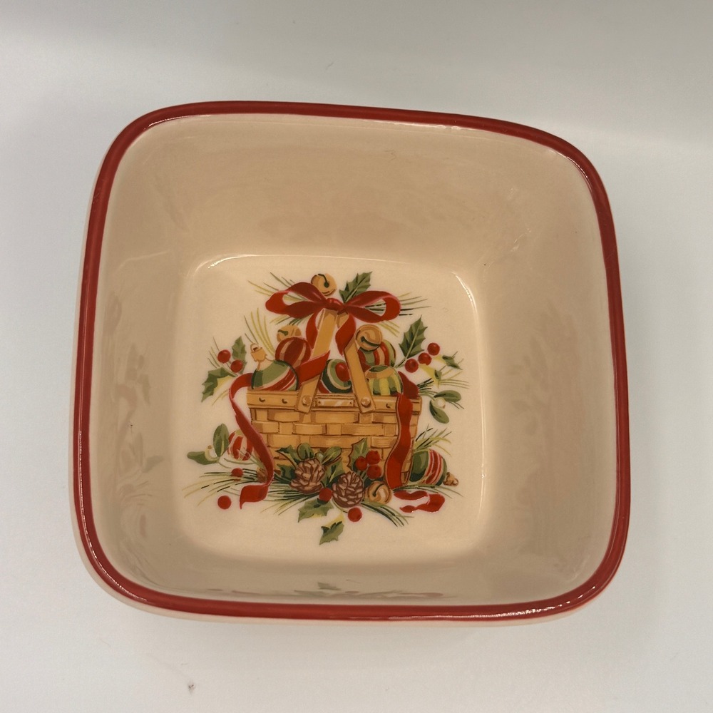 Longaberger Christmas Basket Square Ceramic Bowl Ivory Red Rim Holiday Decor